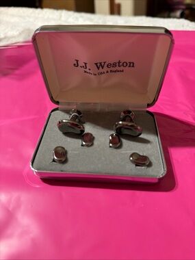 JJ Weston Gunmetal Kidney Bean Cuff Links and Stud Set Vintage New in Box